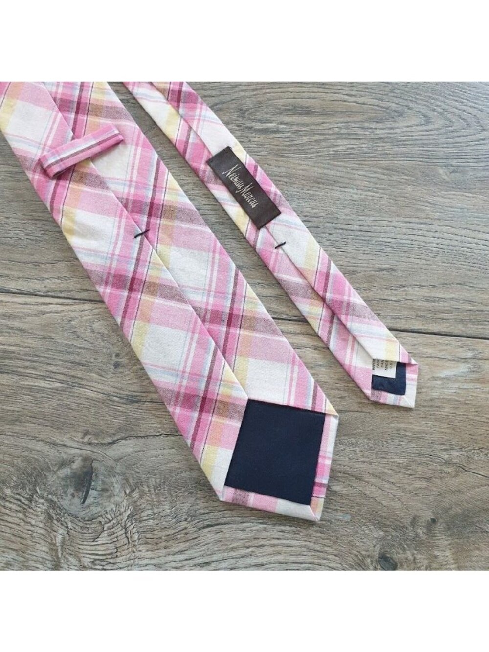 Neiman Marcus Plaid Cotton Tie Multicolor Pink Yellow White Designer Slim 57 x 3 - Picture 4 of 5